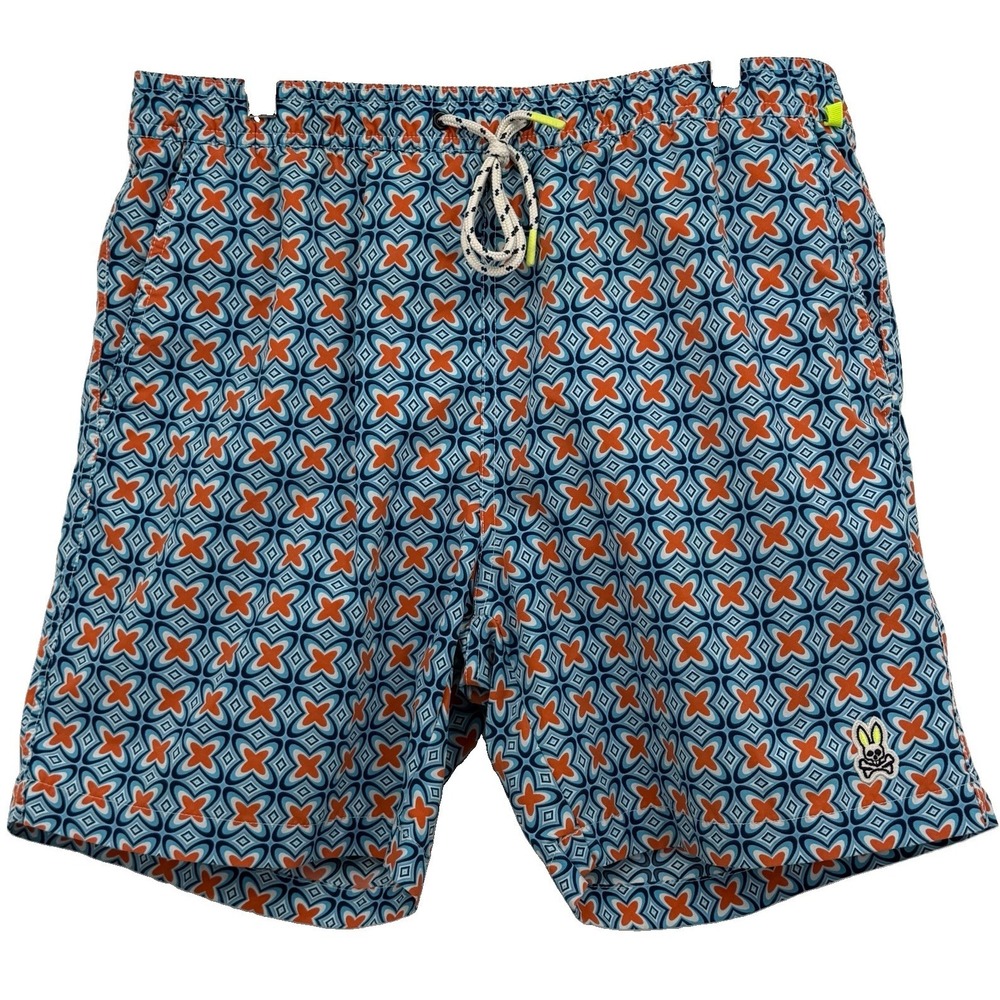 Psycho Bunny Men's Blue Orange Swim Trunks Mesh Lined Drawstring Size Large L